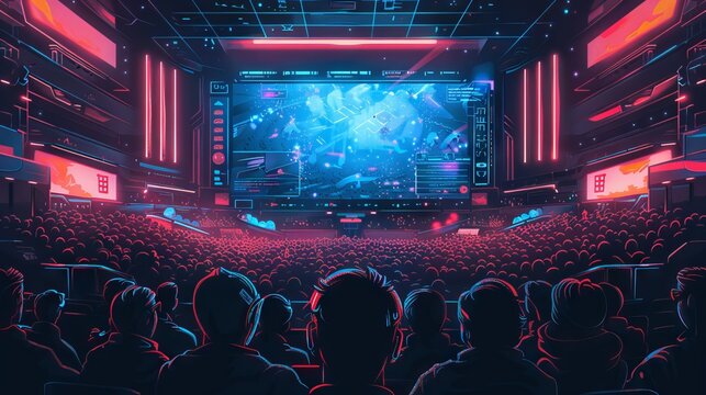 The image is a photo of a large crowd of people in a stadium watching a live event on a giant screen.