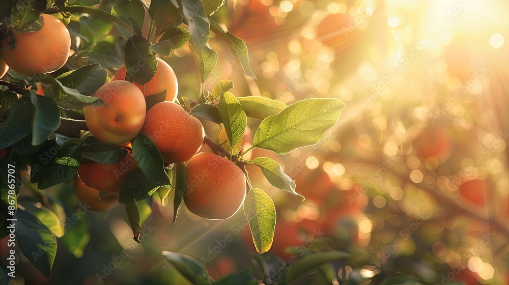 Poster close-up of ripe apples hanging from a branch in an orchard, bathed in the warm glow of morning sunl