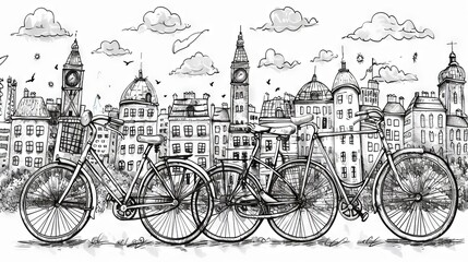 The image shows a row of bicycles in front of a cityscape