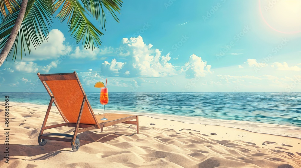 Wall mural A serene beach scene with a lounge chair and tropical drink under a palm tree, set against a clear blue sky and sunlit waves.