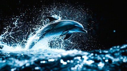 Fototapeta premium Dolphin, jumping through waves, dark background