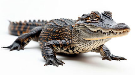 Naklejka premium A baby alligator is laying on its back with its mouth open. The alligator is brown and black in color