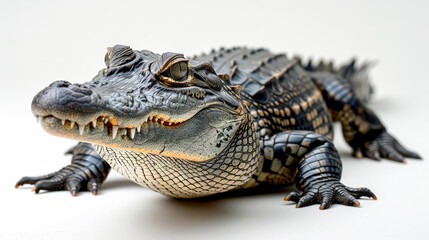 A baby alligator is laying on its back with its mouth open. The alligator is brown and black in color