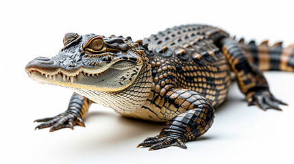 Fototapeta premium A baby alligator is laying on its back with its mouth open. The alligator is brown and black in color