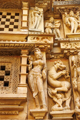 Exterior of the Parshwanath temple with Kamasutra carvings, Khajuraho, Madhya Pradesh, India, Asia