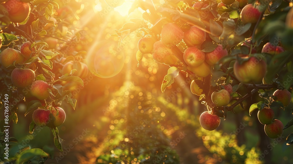 Poster a close-up photo of ripe apples hanging on a branch in an orchard during golden hour, with the sun s