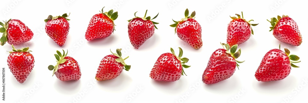 Poster a row of fresh, red strawberries arranged on a white background. generative ai