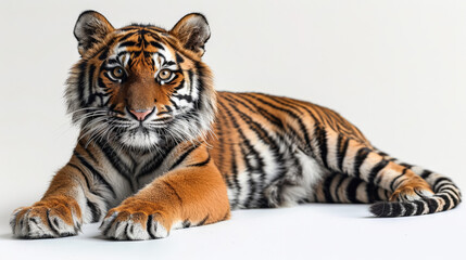 Fototapeta premium A tiger is laying down on a white background. The tiger is looking at the camera. The tiger is the main focus of the image