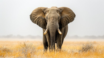 Obraz premium A large elephant stands in a field of tall grass. The elephant is the main focus of the image, and it is looking directly at the camera. Concept of awe and wonder, as the elephant's size