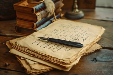 Vintage Writing Desk with Antique Books and Handwritten Manuscripts