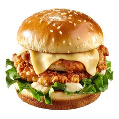 Classic Chicken Burger with Breaded Chicken Patty, Melted American Cheese, Lettuce, and Mayo on Soft Bun