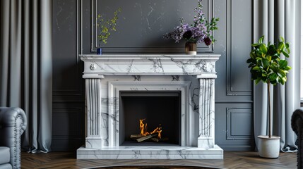 A marble fireplace mantel, its classic design adding a touch of elegance to the living room