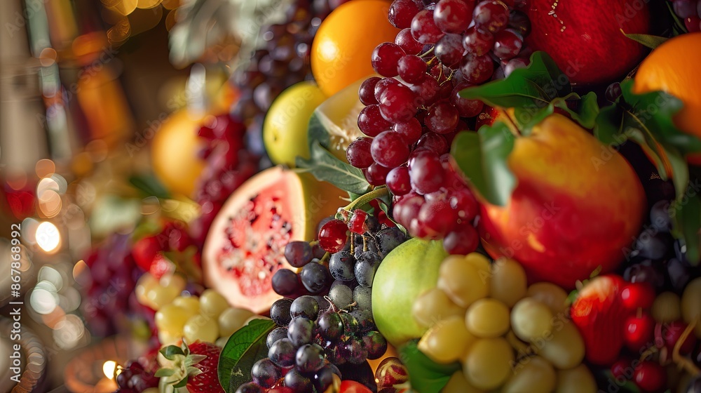 Poster a close-up view of a variety of fresh fruits, including grapes, strawberries, and apples, arranged i