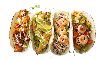  Ultra HD image of three fish tacos, each with different fillings grilled fish, battered fish, shrimp), arranged beautifully on a transparent background 