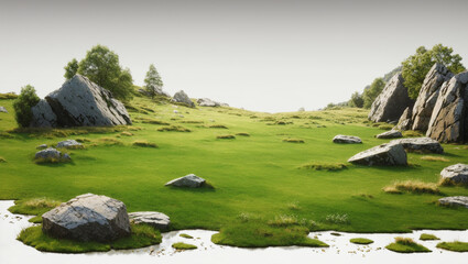 grassy field with large rocks scattered around.