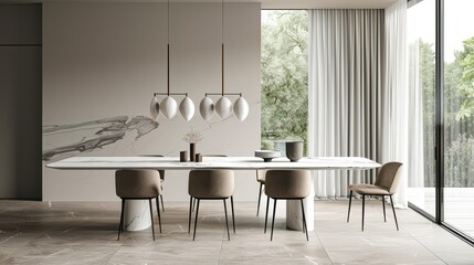 A minimalist marble dining table, paired with modern chairs
