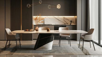 A minimalist marble dining table, paired with modern chairs