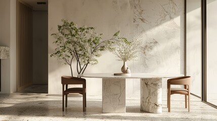 A minimalist marble dining table, paired with modern chairs