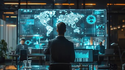A man is sitting in front of a computer monitor with a world map on it