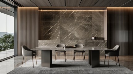 A minimalist marble dining table, paired with modern chairs