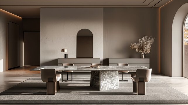 A minimalist marble dining table, paired with modern chairs