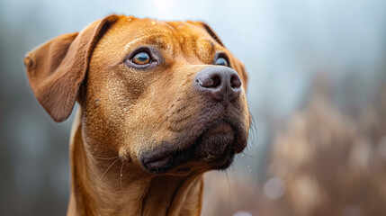 A brown dog with a blue eye stares at the camera. The dog's nose is visible, and it is looking at the camera with a curious expression