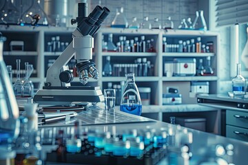 Fototapeta premium A microscope sits on a lab table with a beaker of blue liquid. Generative AI