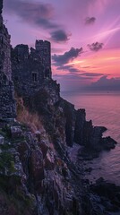 Ancient stone castle on a cliffside at sunset, coastal view. Historical architecture and nature concept