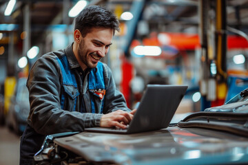 A cheerful mechanic uses a laptop amidst tools and car parts in a bustling workshop. He seamlessly integrates tech with hands-on work, diagnosing issues and enhancing repairs.