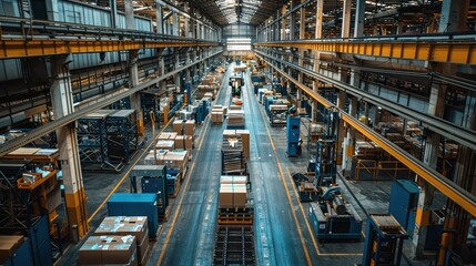 A large industrial warehouse with many boxes and machines
