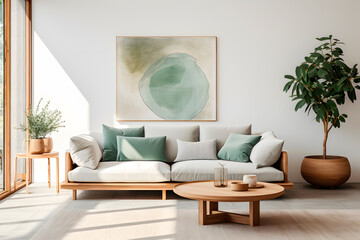 Scandinavian home interior design of modern living room with a sofa with pastel blue cushions, plants and a frame with a painting on the wall.  Palette of blue tones. Generative Ai.