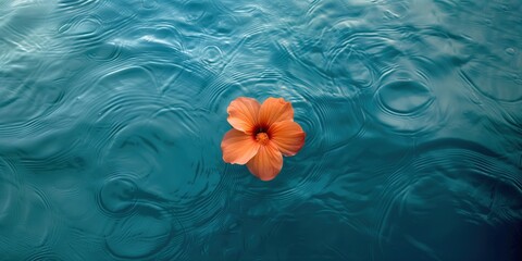 Orange floating flower in a deep blue water background. Minimal spring bloom natural concept. Beautiful floral spa wallpaper with copy space for advertising or a banner.