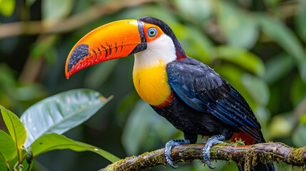 Naklejka premium A colorful bird with a long beak is perched on a branch. The bird is surrounded by lush green foliage, giving the scene a vibrant and lively atmosphere