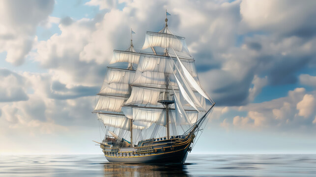 Three-Masted Sailing Ship on Calm Sea