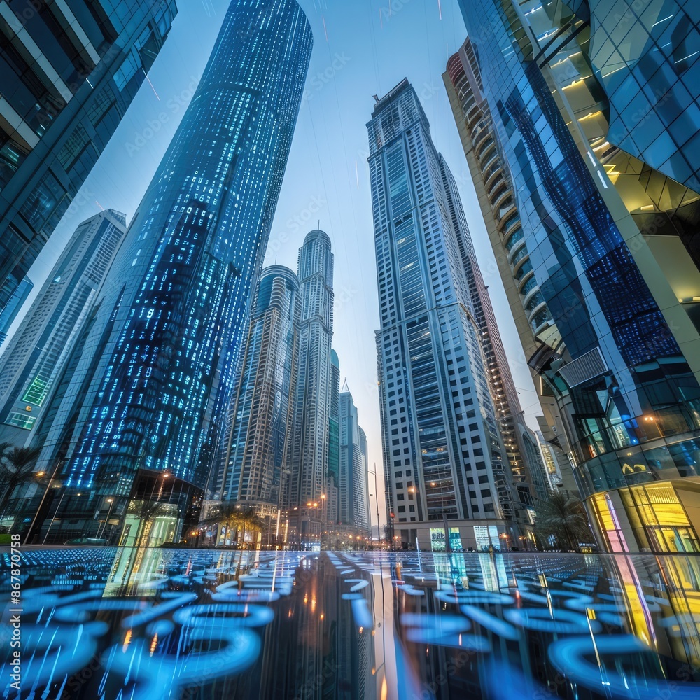 Wall mural modern tech cityscape with binary code surrounding reflective skyscrapers