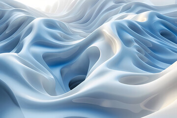 Obraz premium Abstract, flowing shape in blues and whites resembling waves or silky fabric. Seamless transitions create depth. Three dimensional illusion with fluid and ethereal vibe. For background, wallpapers