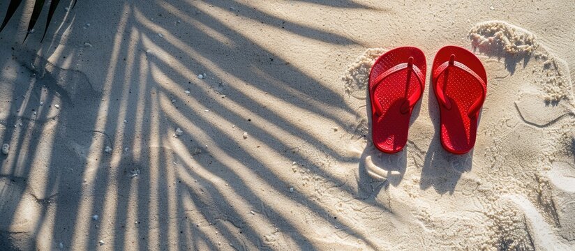 Red heart-shaped flip-flops on sandy beach with palm leaf shadow, space for text, Valentine's Day tropical theme