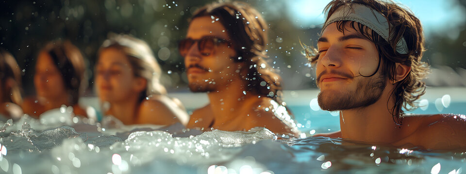 Group of young people relaxing in ice bath with ice cubes in summer, practicing Wim Hof ​​method. People get pleasure from bathing, feelings of relaxation, wellness, refreshment and summer leisure