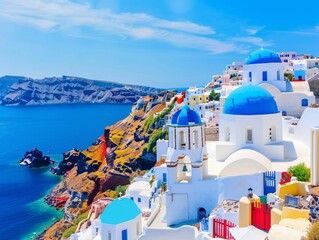 Fototapeta premium Blue Domed Churches on a Cliffside in Santorini, Greece