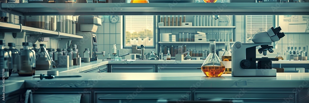 Aufkleber A close-up view of a laboratory countertop with a microscope and a variety of chemical solutions. The countertop is clean and modern, with a window in the background. Generative AI