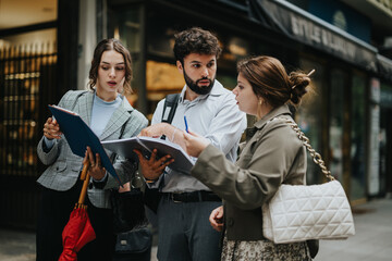 Young business professionals brainstorming project ideas, discussing strategy, and networking during an outdoor meeting in the city's downtown.