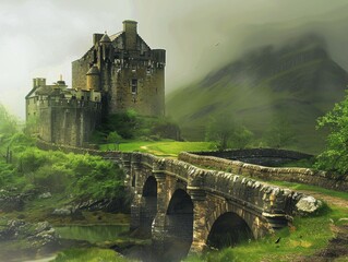 Historic Eilean Donan Castle in the Scottish Highlands on a Misty Morning