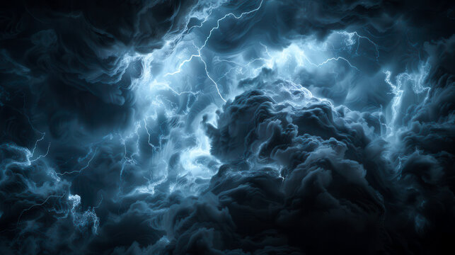 Hologram of a storm cloud spinning and emitting lightning in different directions. The cloud is illuminated by internal flashes that create a dramatic contrast with the dark background.