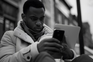 Focused Man Using Smartphone and Tablet Outdoors