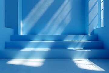 Serene Blue Interior with Sunlit Stairs