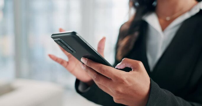 Phone, hands and business person typing on website, app or work on project in office. Closeup, scroll and financial consultant on mobile tech for reading email on budget report, profit or information