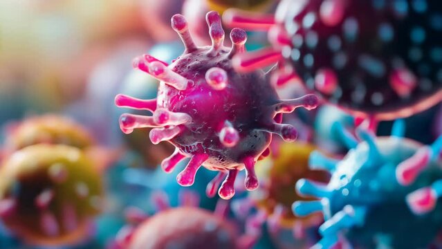 Microscopic cells in color, abstract biological research. Concept: scientific discoveries and the study of microbiology	