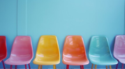 Colorful plastic chairs against a blue wall, minimalistic design concept