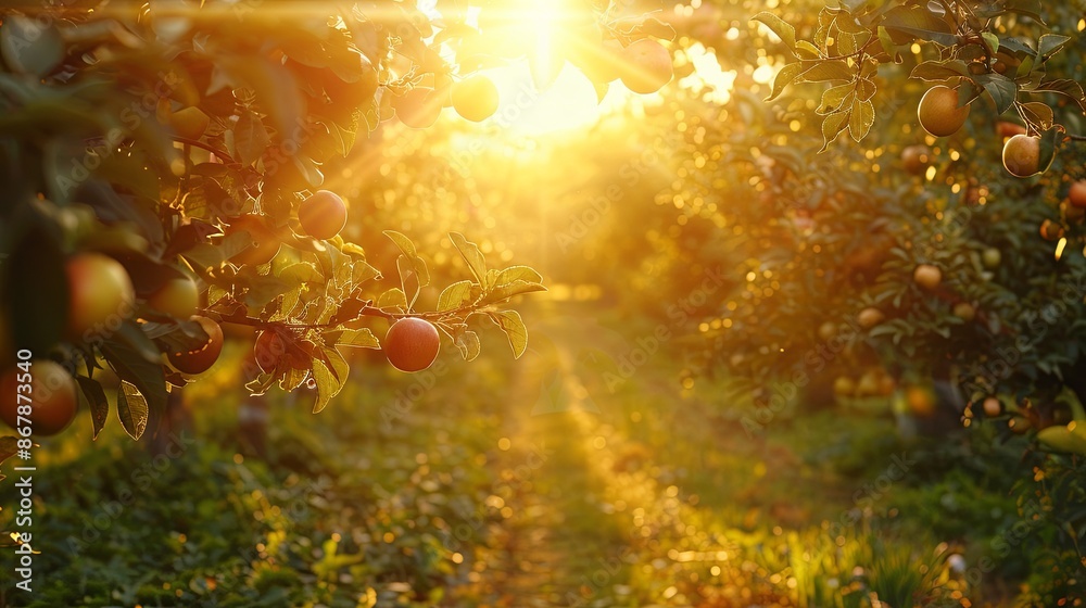 Poster A close-up image of ripe apples hanging from a tree branch in an orchard, with golden sunlight filtering through the leaves. Generative AI