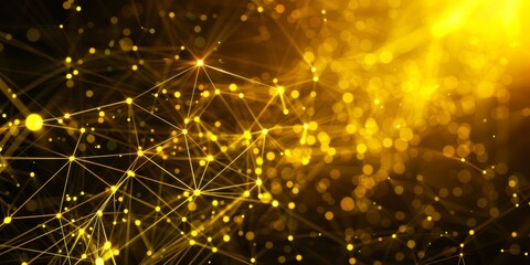 Abstract background with yellow network lines and dots on a dark yellow background